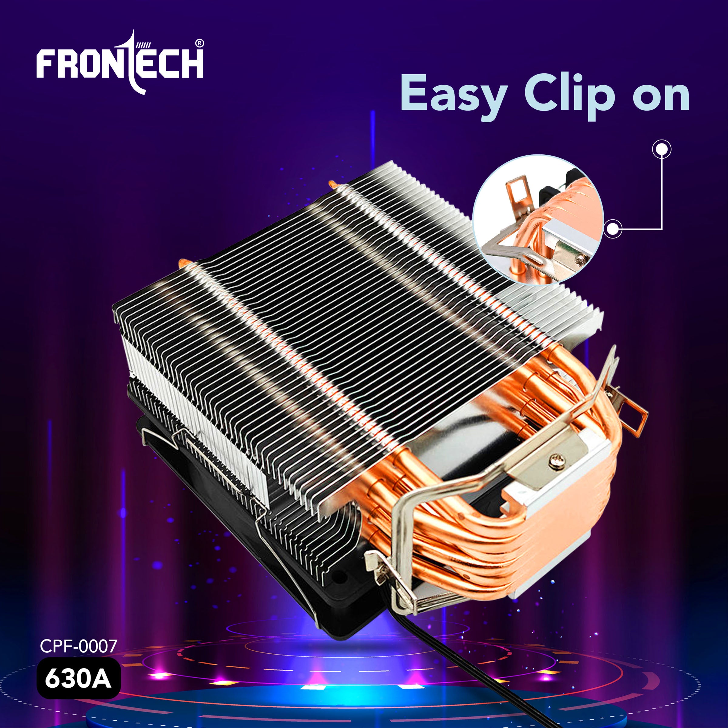 Frontech 630A CPU Air Cooler | 6 Copper Heat Pipes, 120mm RGB Fan, 1800 RPM | Supports LGA 1700 & AM5 | PWM 4-Pin + ARGB 3-Pin | Super Silent Cooling with Heatsink (CPF-0007) Frontech 630A CPU Air Cooler | 6 Copper Heat Pipes, 120mm RGB Fan, 1800 RPM | Supports LGA 1700 & AM5 | PWM 4-Pin + ARGB 3-Pin | Super Silent Cooling with Heatsink (CPF-0007)